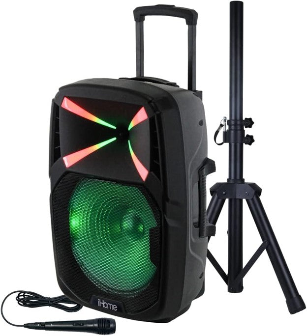 iHome iHPA-1500-LT-PK Bluetooth Wireless Portable Rechargeable Home Party Karaoke Machine & Speaker System with Microphone, Stand, LED Lights Retractable Handle on Wheels